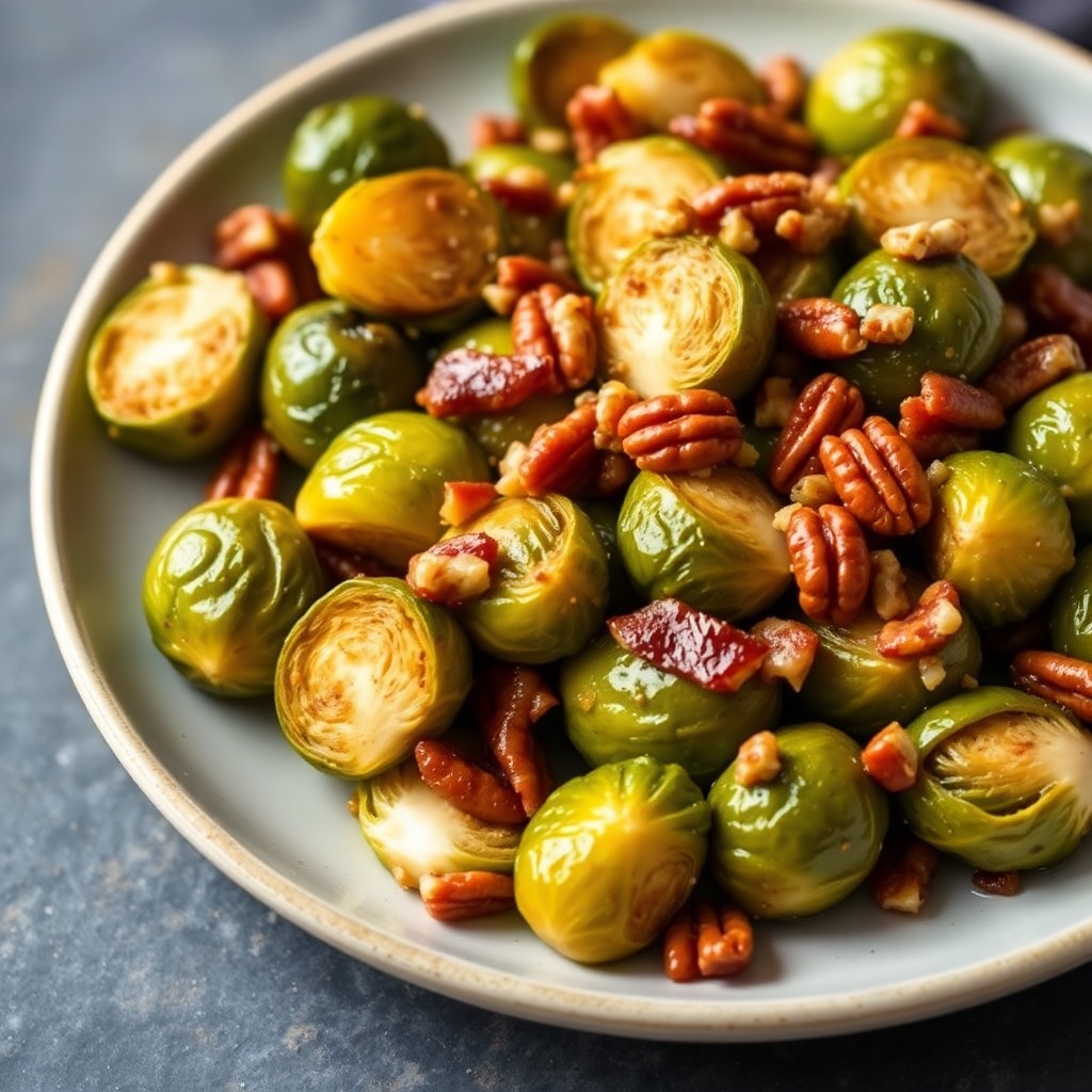 Maple Roasted Brussels Sprouts with Bacon and Pecans