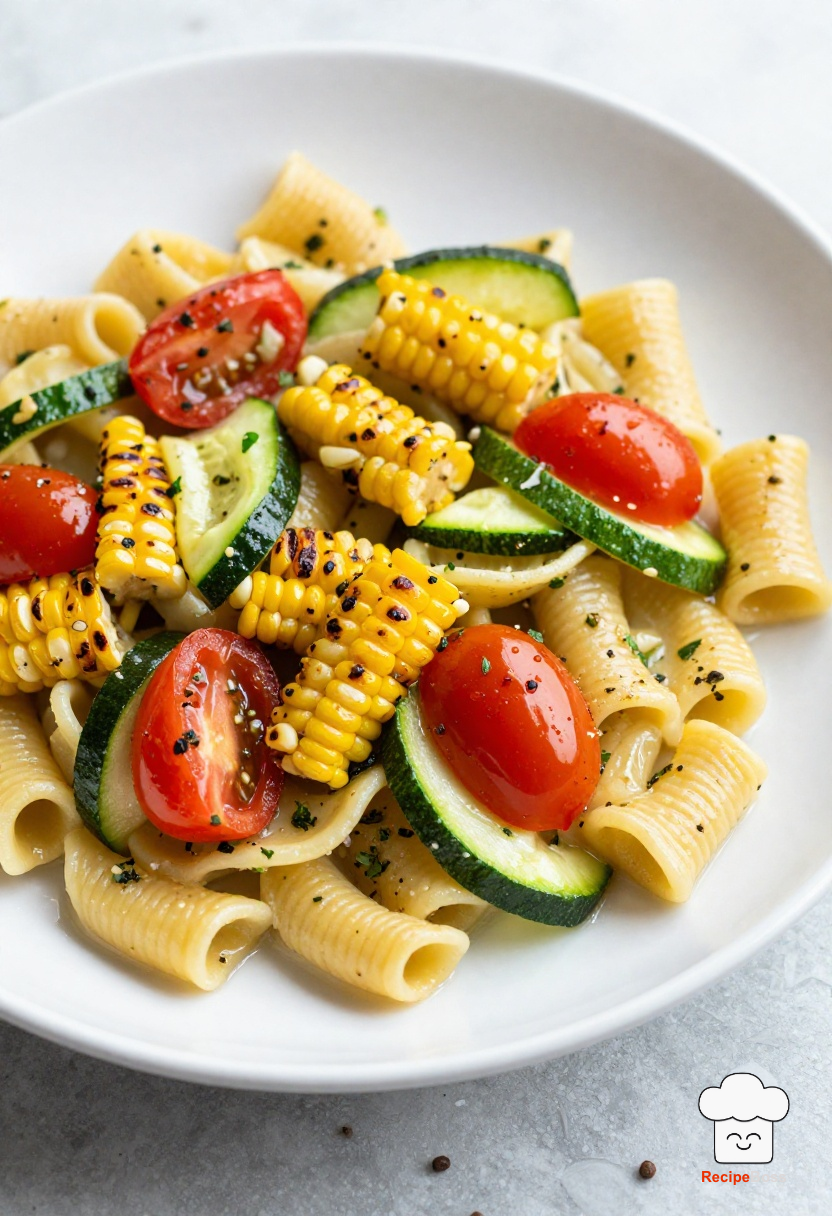 Summer Cavatelli Pasta with Grilled Corn, Burst Tomatoes, and Zucchini Ribbons