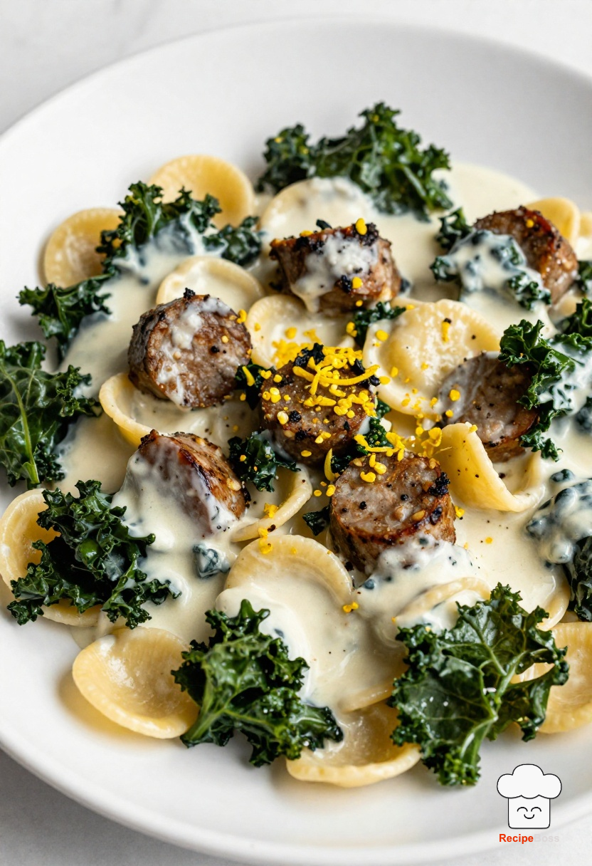Sausage and Kale Orecchiette with Creamy Garlic Parmesan Sauce